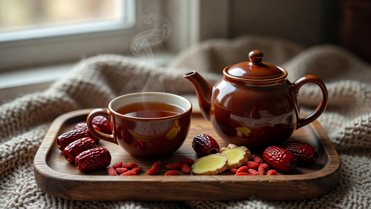 木托盘上摆放陶瓷茶壶与茶杯，配红枣、枸杞和姜片的冬季暖身场景