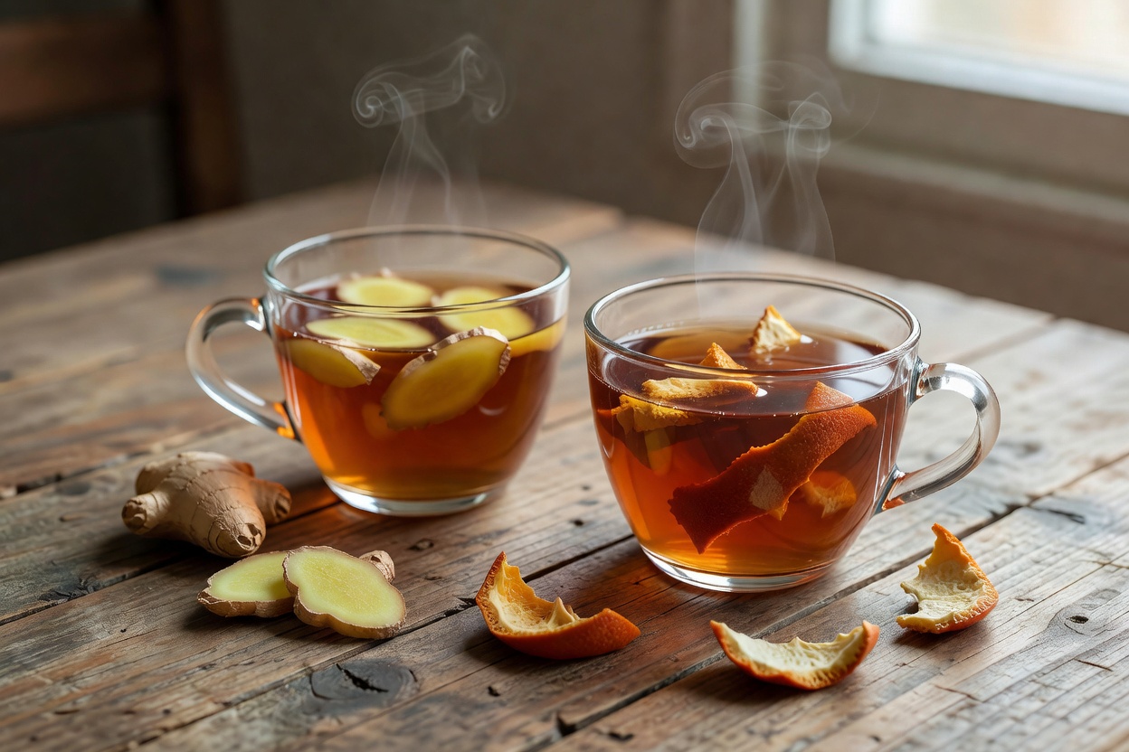 木桌上两杯冬季热茶，一杯姜片茶一杯陈皮茶，旁边放着生姜与干陈皮