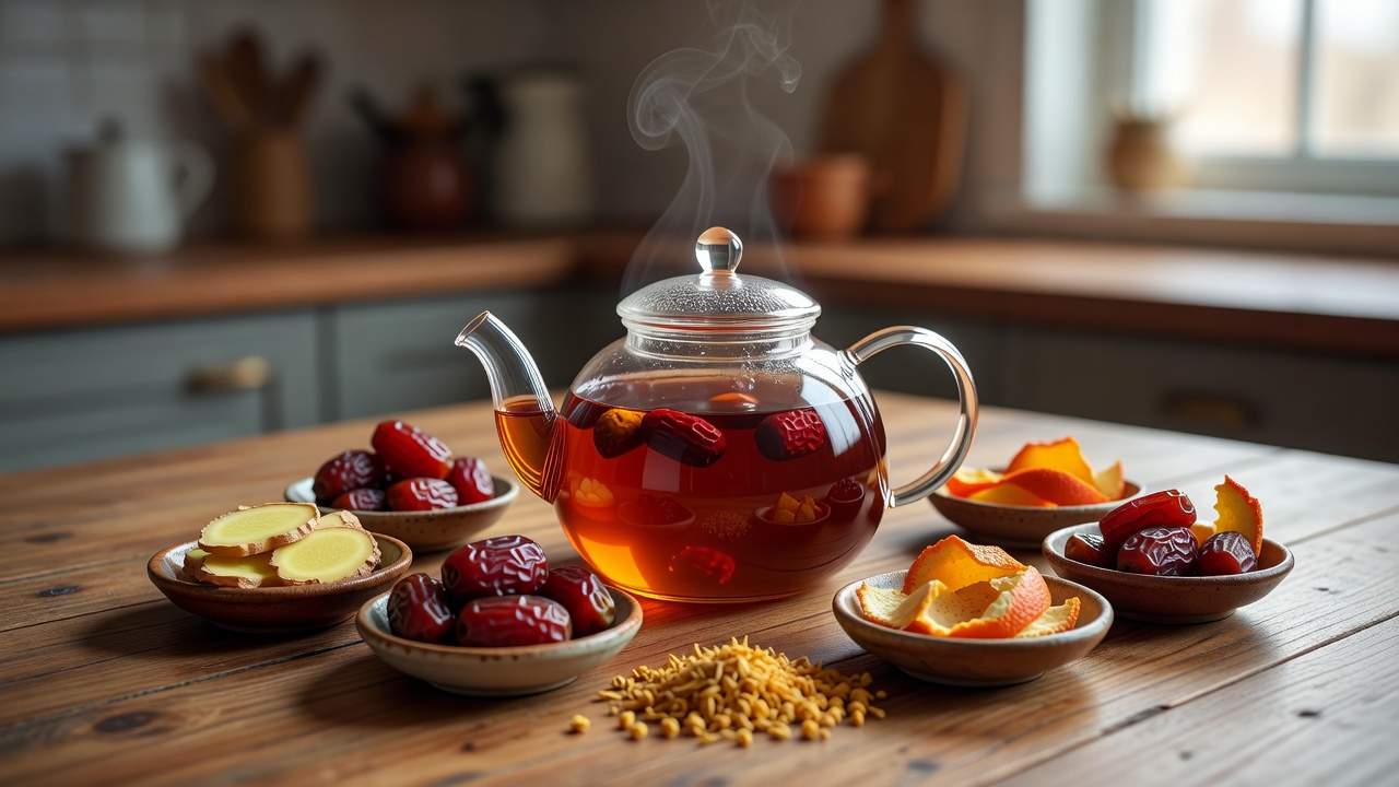 木桌上摆着老姜片、红枣、陈皮与一杯冒着热气的暖身茶饮